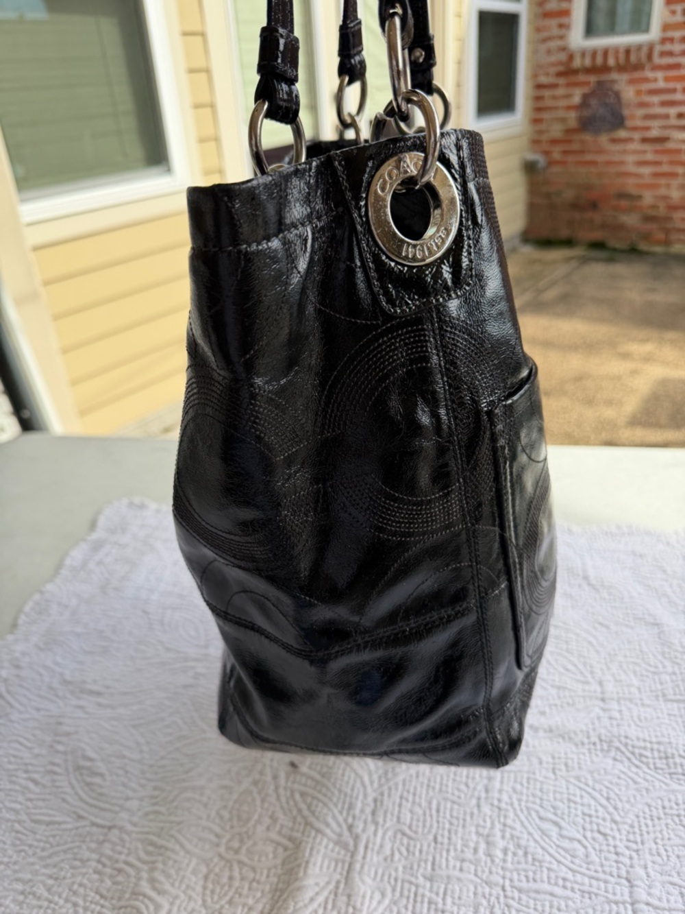 Coach Black Patent Leather Tote with Signature Medallion - Picture 3 of 14